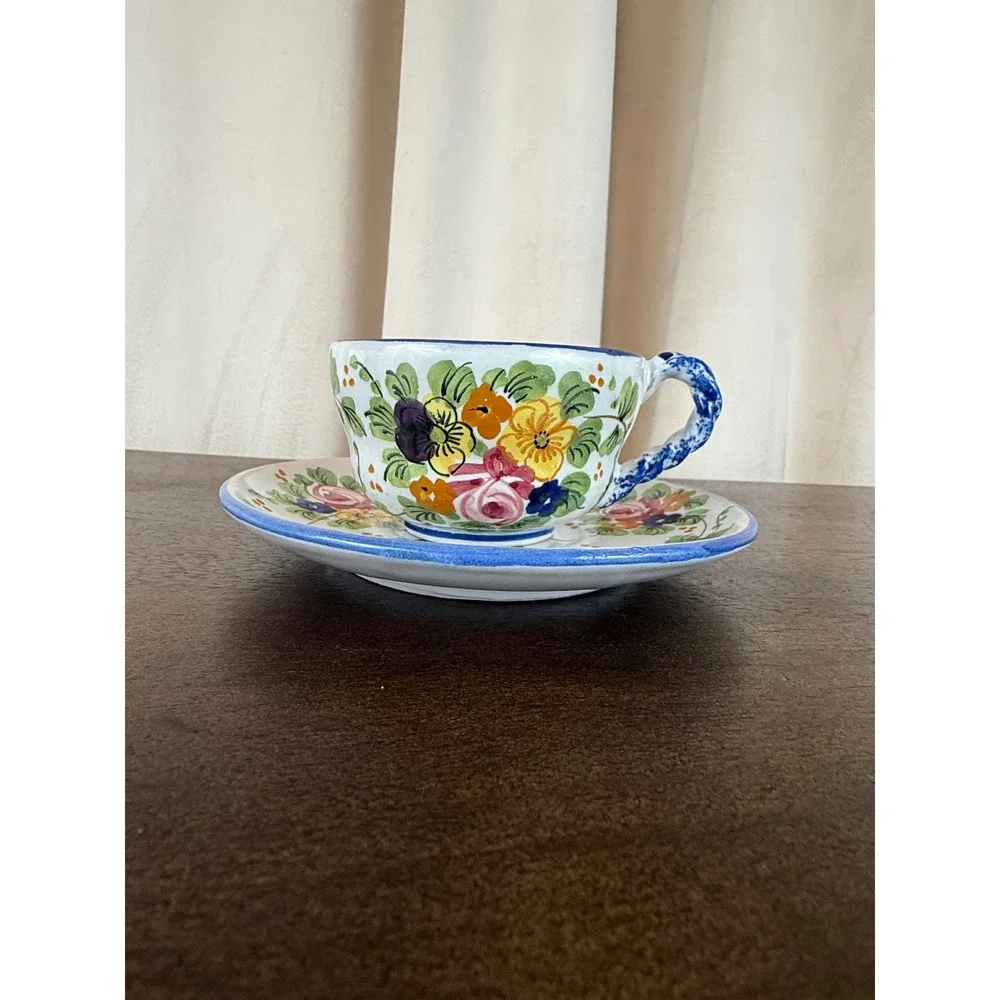 Vintage Majolica Italy Floral Stoneware Teacups and Saucers Set‎ of SIX (6)